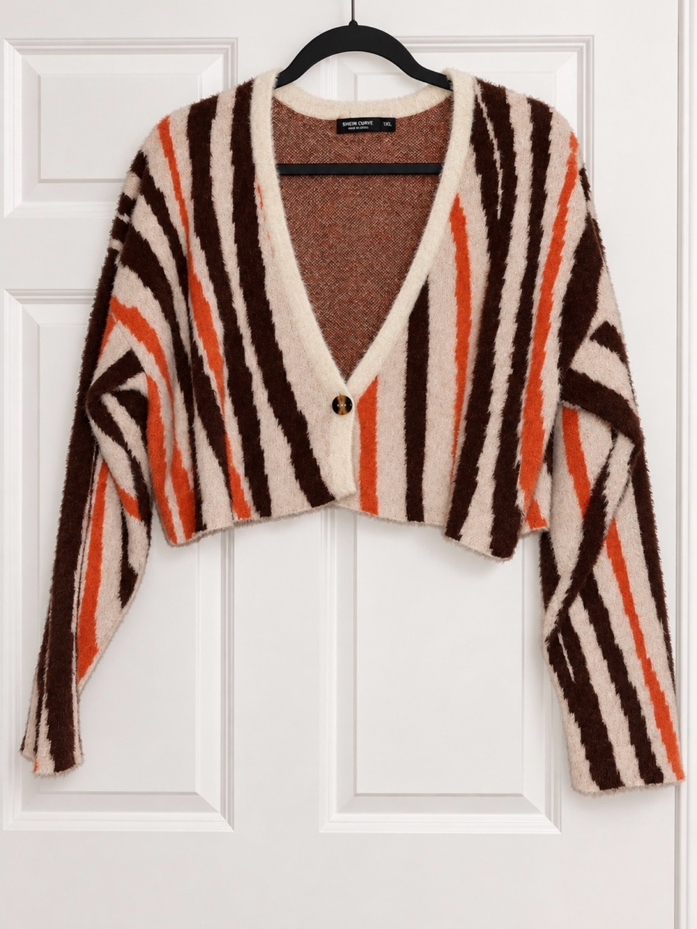 SHEIN Striped Open-Front Cropped Cardigan - Brown, Cream & Orange